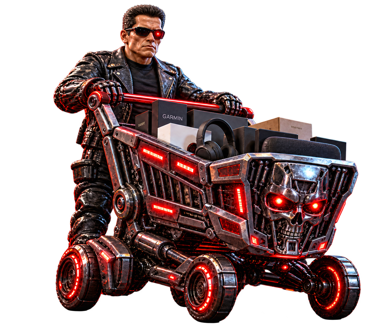 Arnold empuja un carrito robótico metálico con luces rojas y una cabeza de Terminator en el frontal